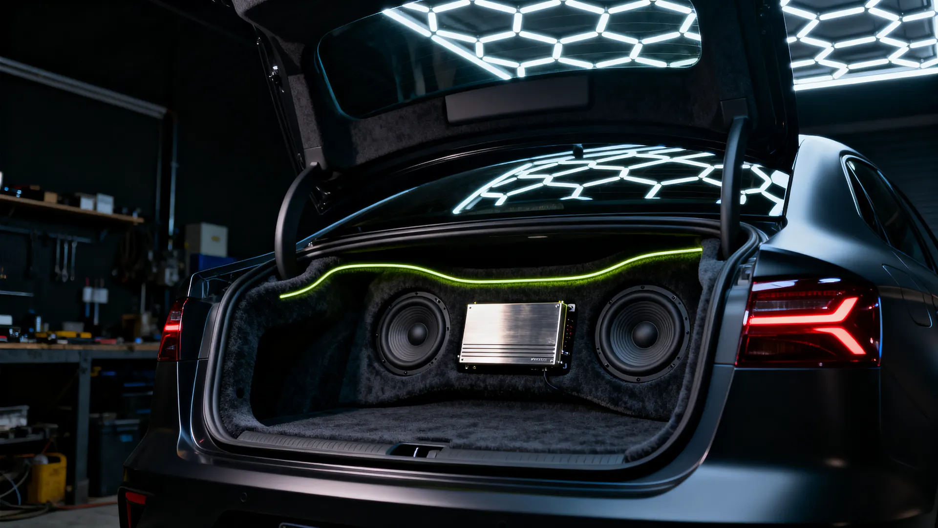 Custom twin subwoofer boot build with lime LED tracer