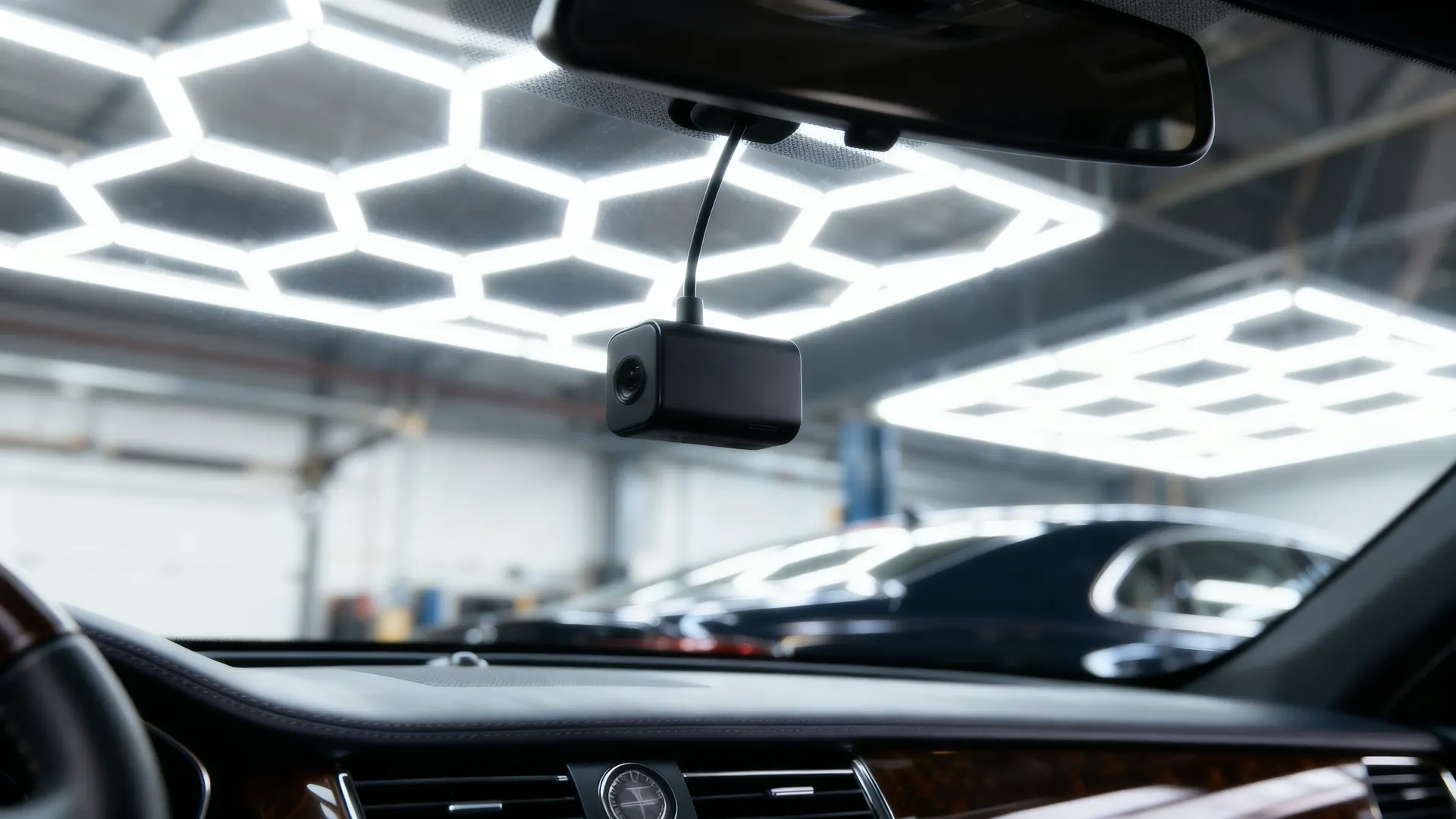 a dash cam mounted snug behind a rear-view mirror with an invisible cable run
