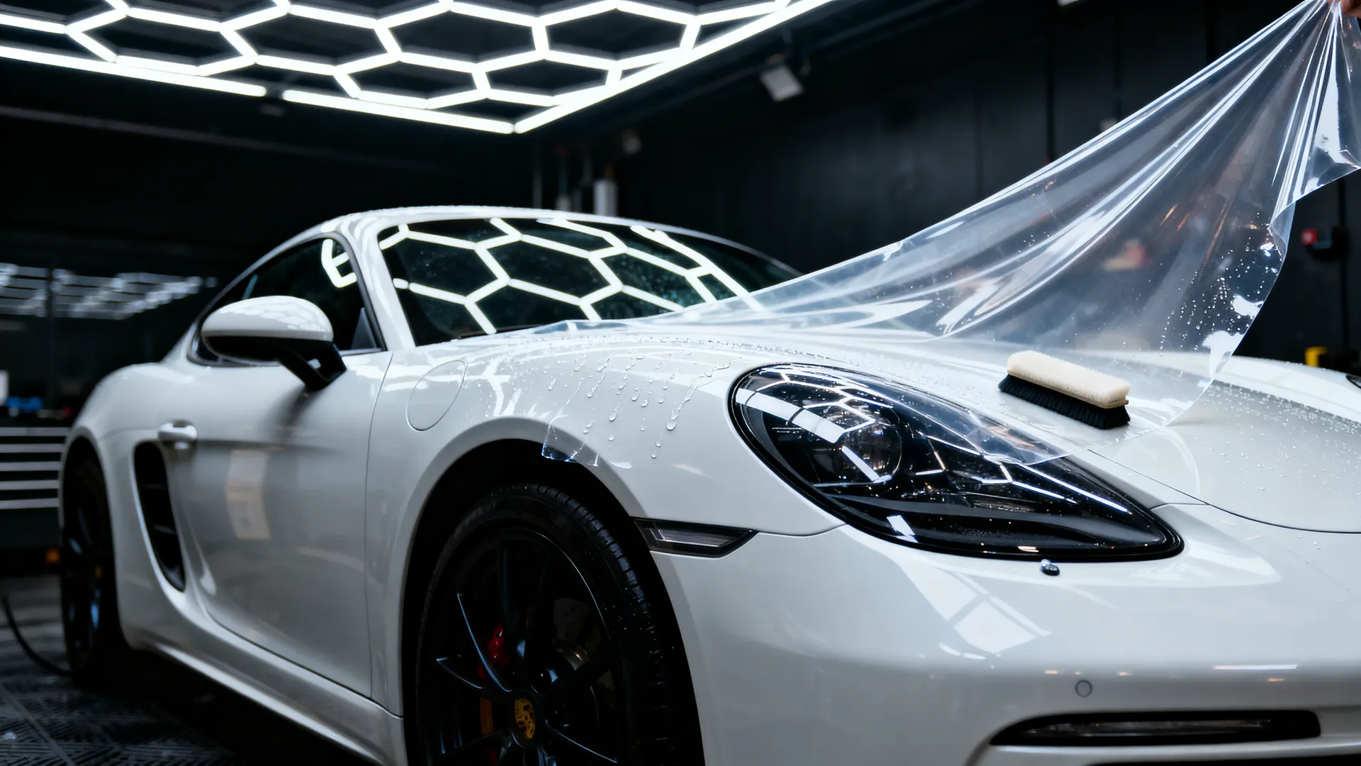 Clear paint protection film mid-application on a white coupe