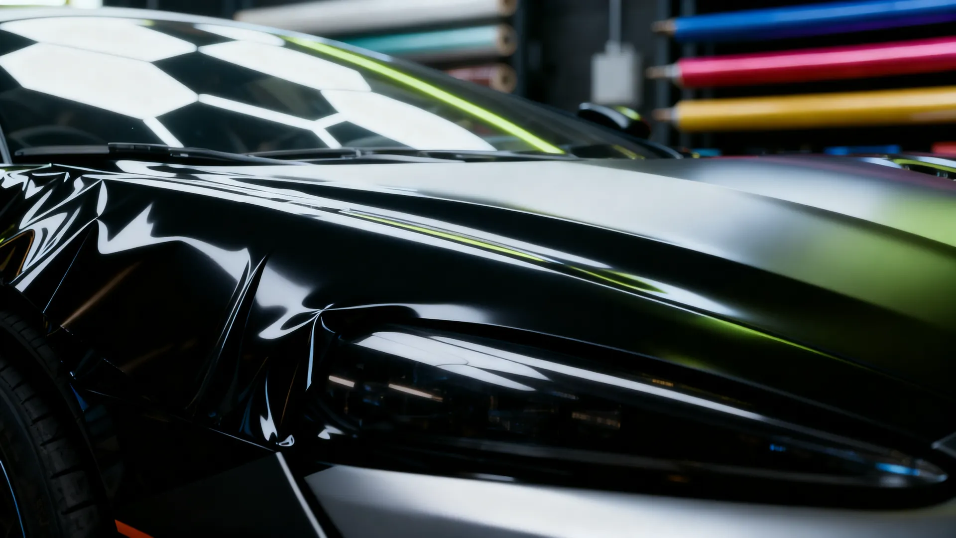 Satin black wrap flowing over a supercar wing